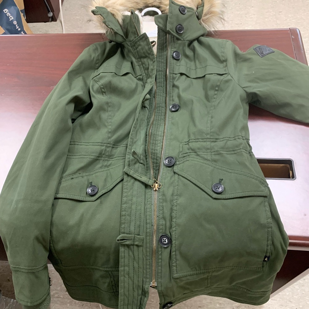 Hollister Parka Fur Coat Women Fleece size xs  Green Sherpa